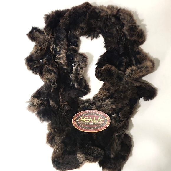 NEW! Scala Genuine Rabbit Fur Ladder Knitted 40 Inch Scarf Black & Brown - Picture 6 of 6